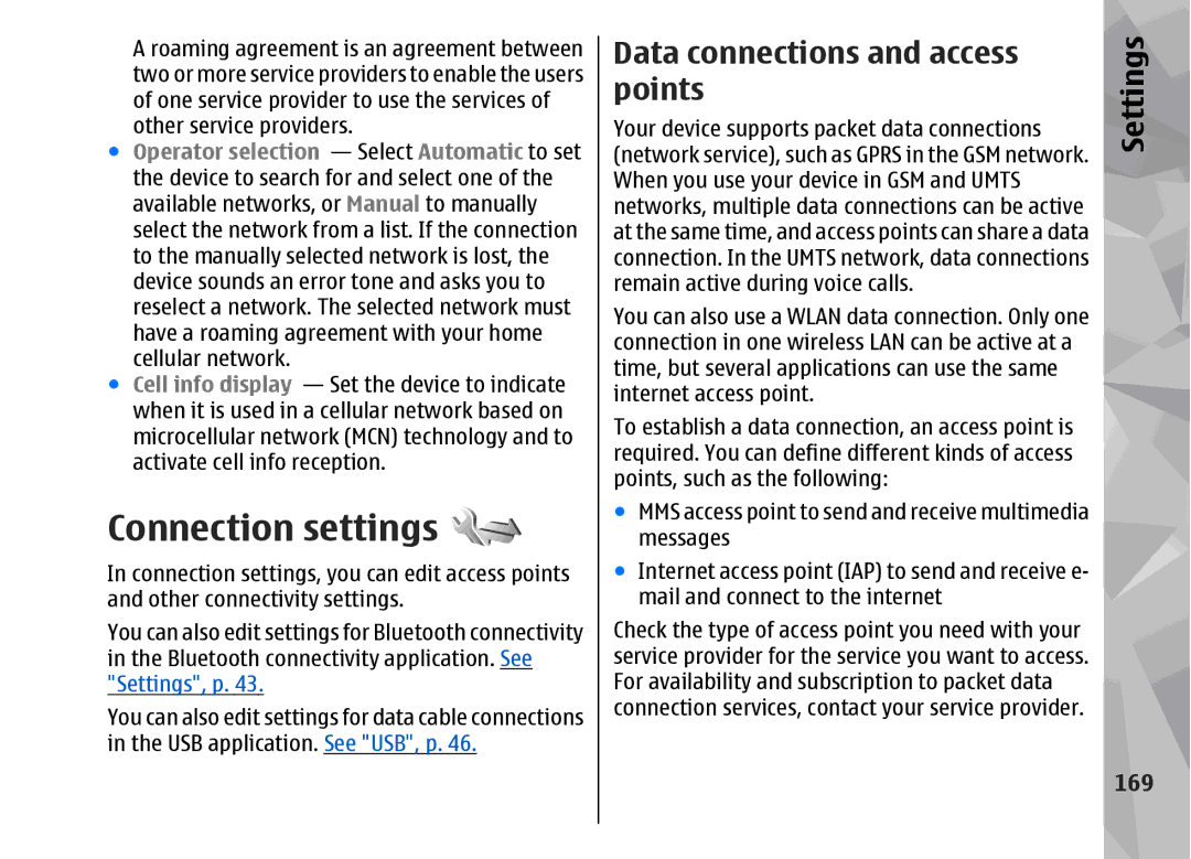 Nokia 002F4W8 manual Connection settings, Data connections and access points, 169 