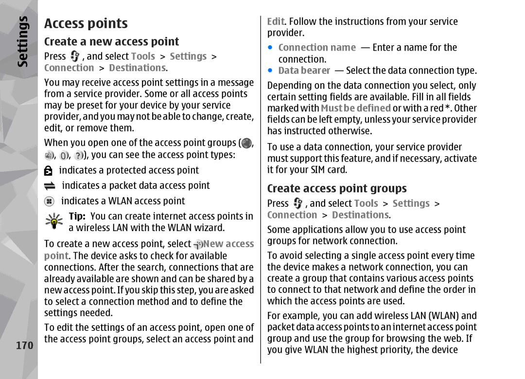 Nokia 002F4W8 manual Access points, Create a new access point, Create access point groups, 170, Connection Destinations 