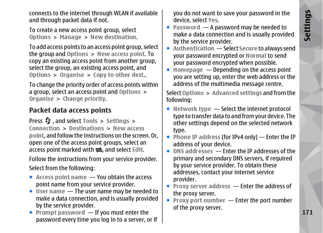 Nokia 002F4W8 manual Packet data access points, 171, Connection Destinations New access 