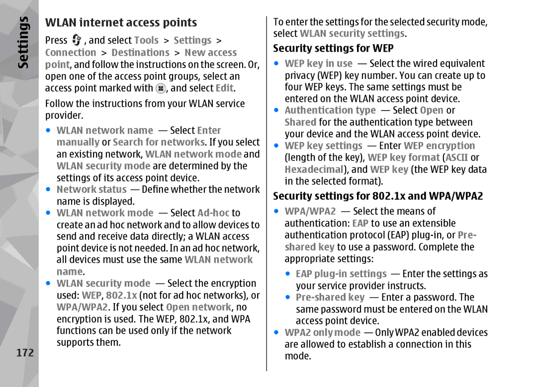 Nokia 002F4W8 manual Wlan internet access points, 172, Security settings for WEP, Security settings for 802.1x and WPA/WPA2 