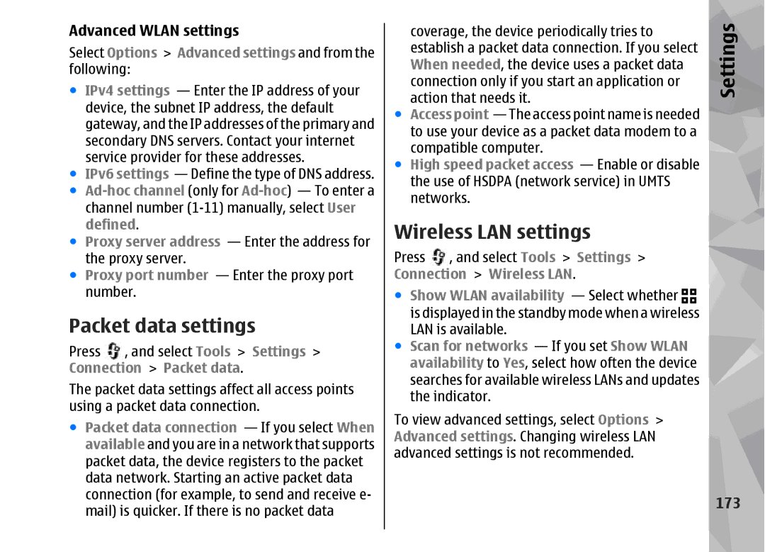 Nokia 002F4W8 manual Packet data settings, Wireless LAN settings, Advanced Wlan settings, 173 