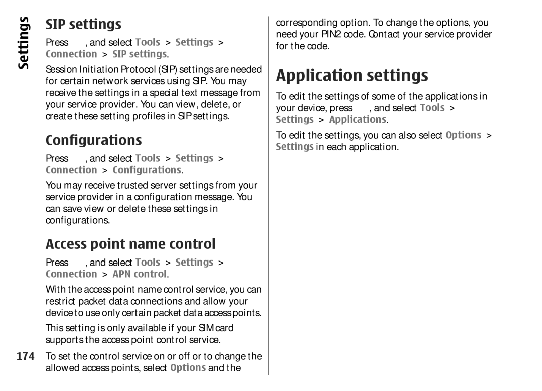 Nokia 002F4W8 manual Application settings, SIP settings, Configurations, Access point name control 