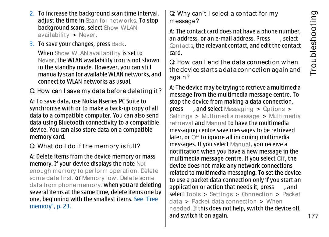 Nokia 002F4W8 manual How can I save my data before deleting it?, What do I do if the memory is full?, 177 
