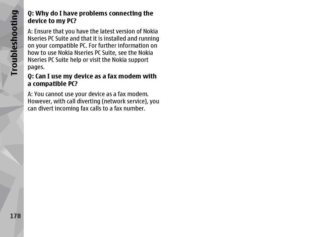 Nokia 002F4W8 manual Why do I have problems connecting the device to my PC?, 178 