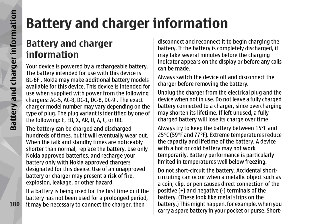 Nokia 002F4W8 manual Battery and charger information, Information, 180 