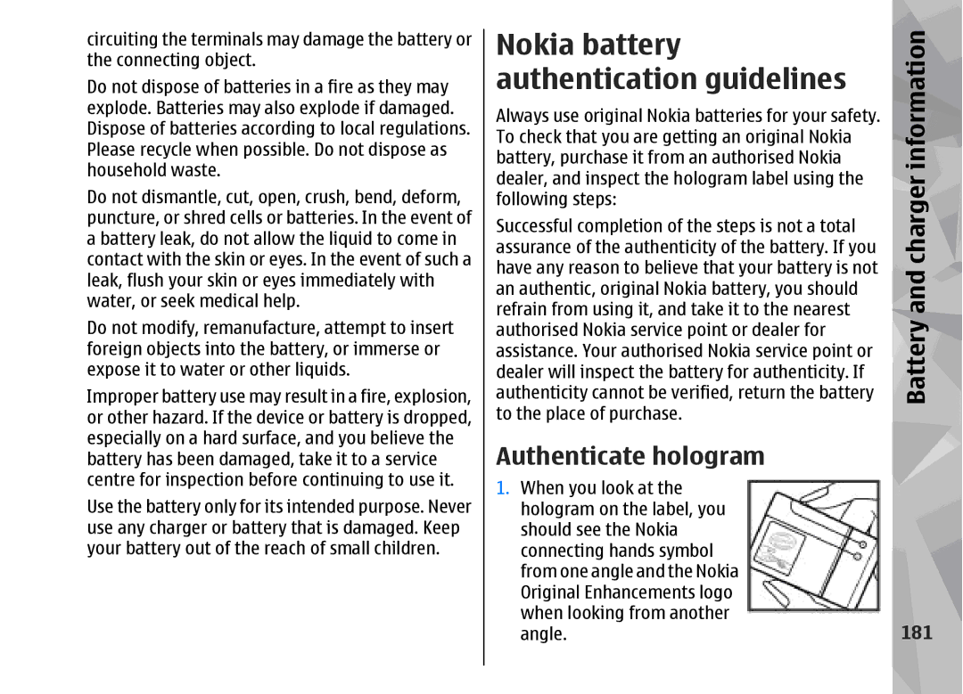 Nokia 002F4W8 manual Authenticate hologram, Battery and charger information, 181 