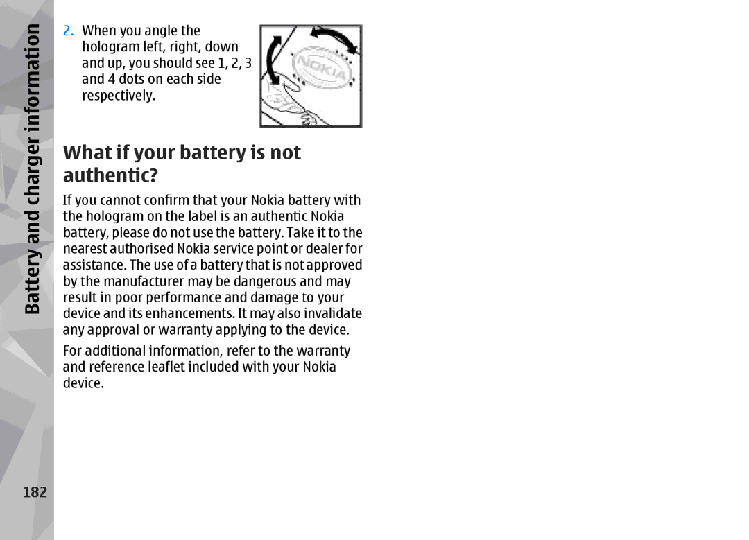 Nokia 002F4W8 manual What if your battery is not authentic?, 182 