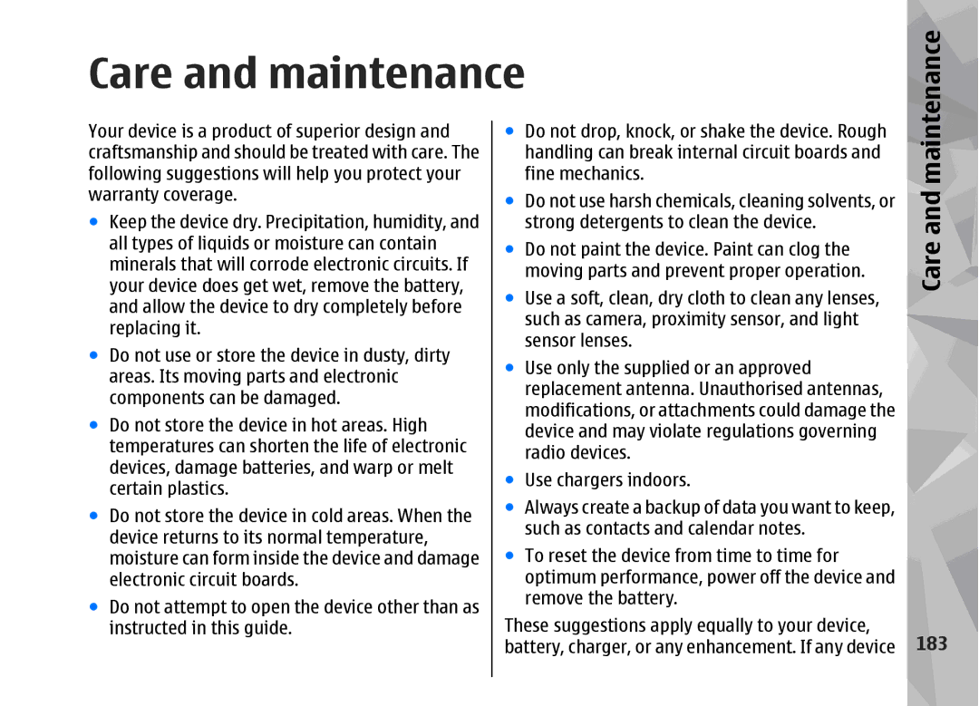 Nokia 002F4W8 manual Care and maintenance, Maintenance, 183 