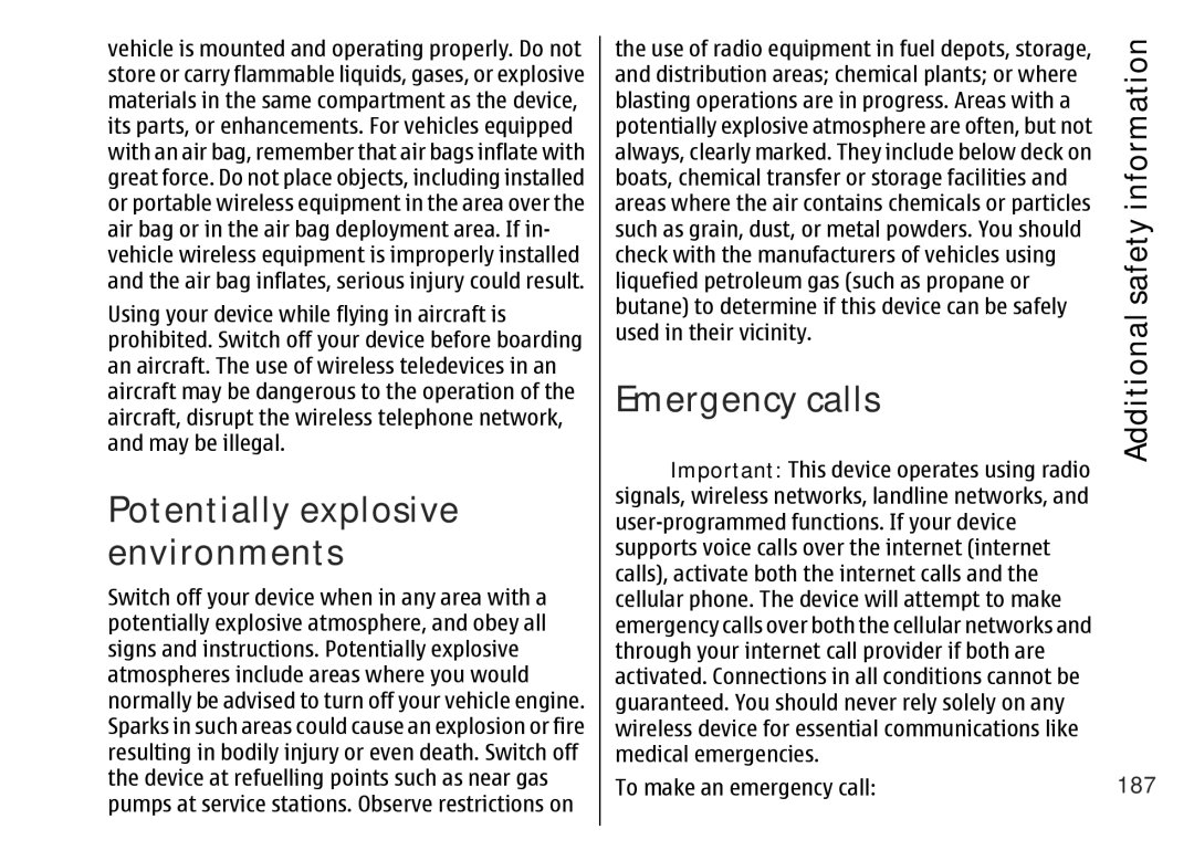 Nokia 002F4W8 manual Emergency calls, Additional safety information, 187 