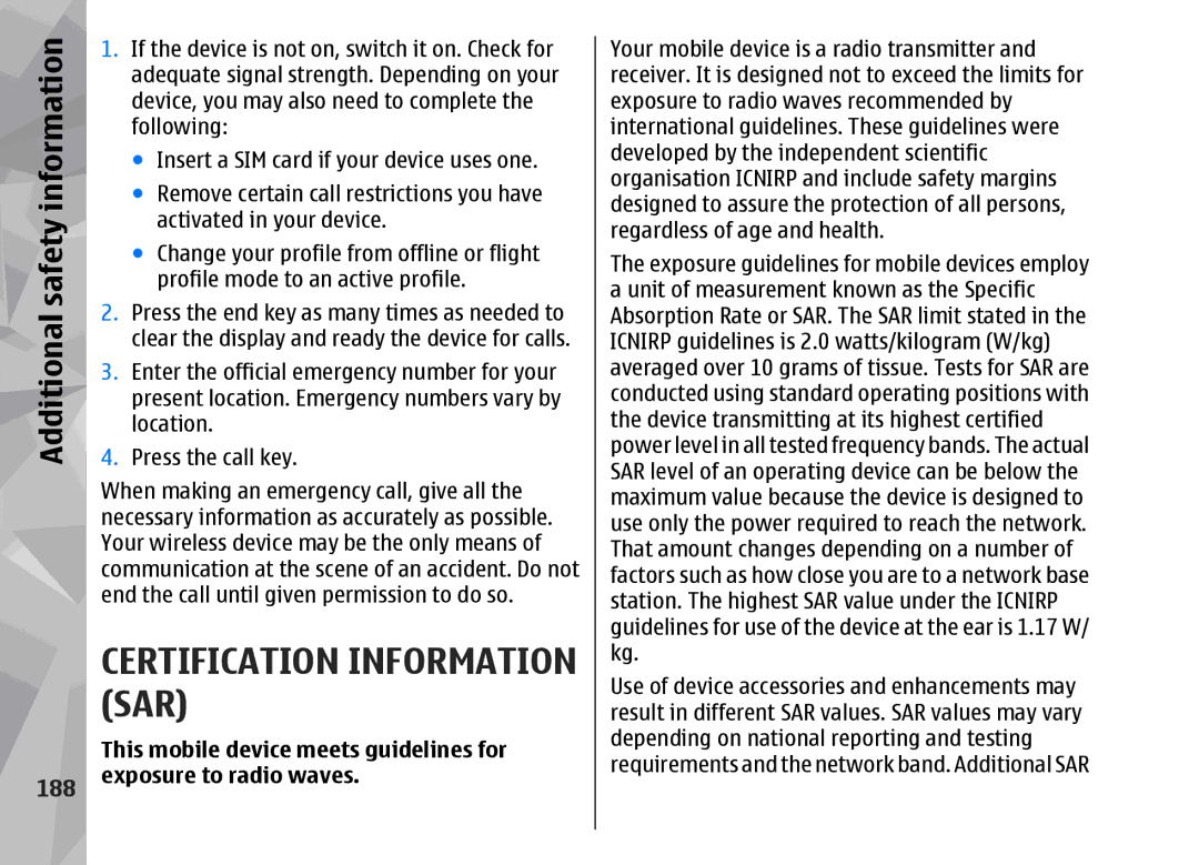 Nokia 002F4W8 manual Sar, 188 