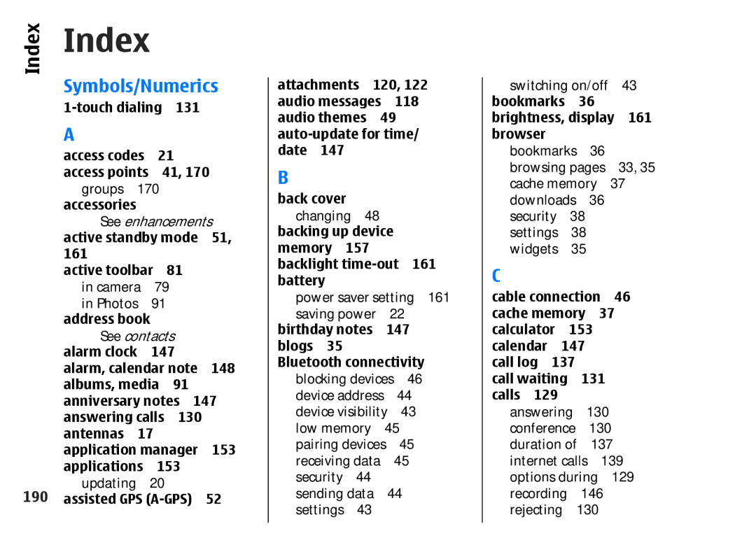 Nokia 002F4W8 manual Index, 190 