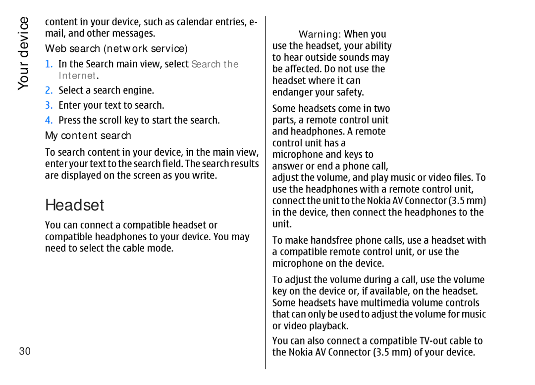 Nokia 002F4W8 manual Headset, Web search network service, My content search 