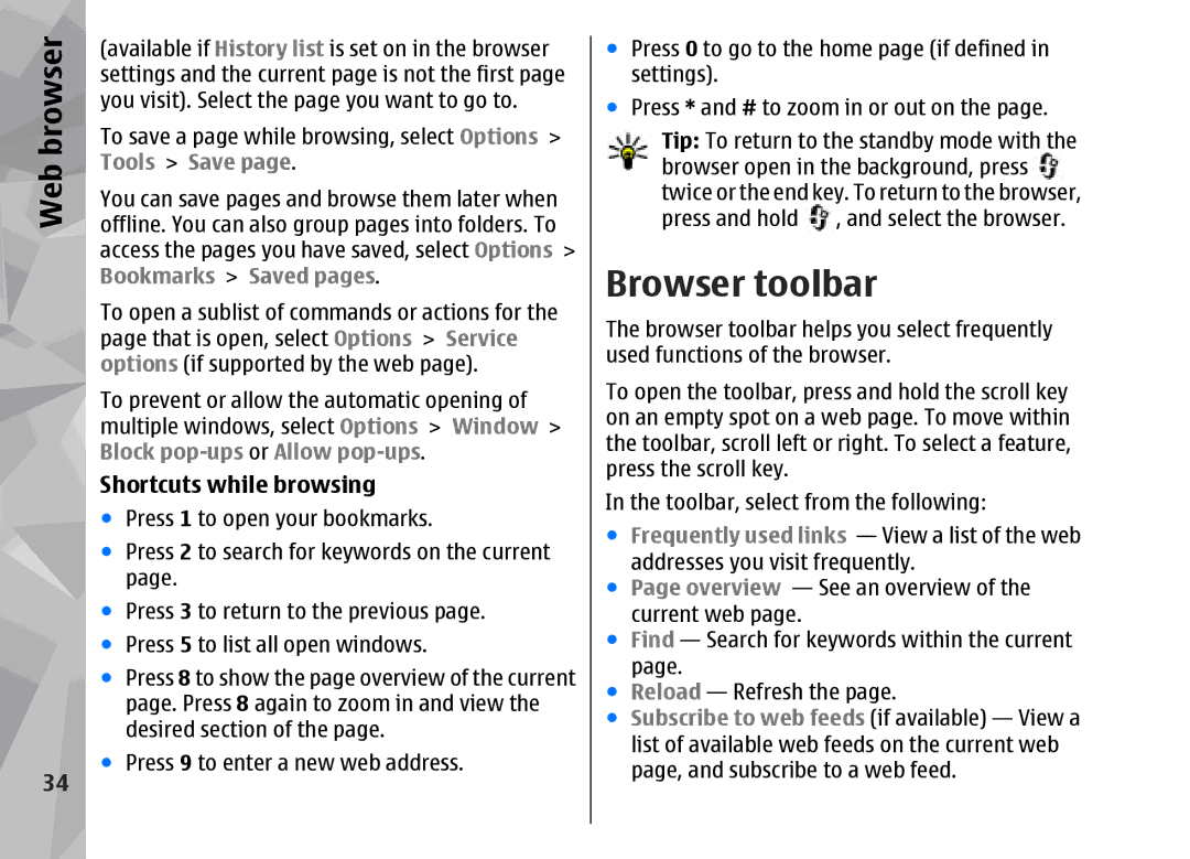 Nokia 002F4W8 manual Browser toolbar, Shortcuts while browsing 