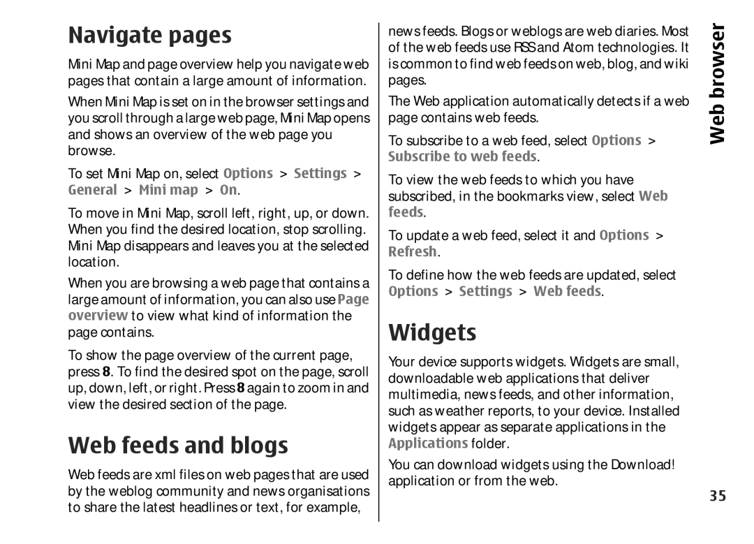 Nokia 002F4W8 manual Navigate pages, Web feeds and blogs, Widgets 