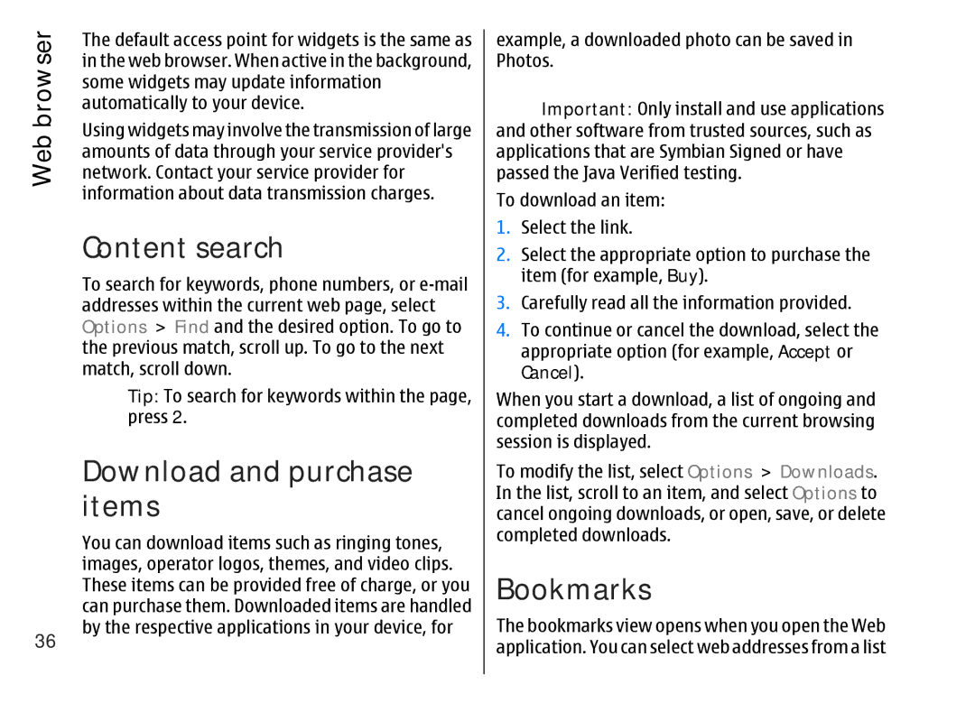 Nokia 002F4W8 manual Content search, Download and purchase items, Bookmarks 