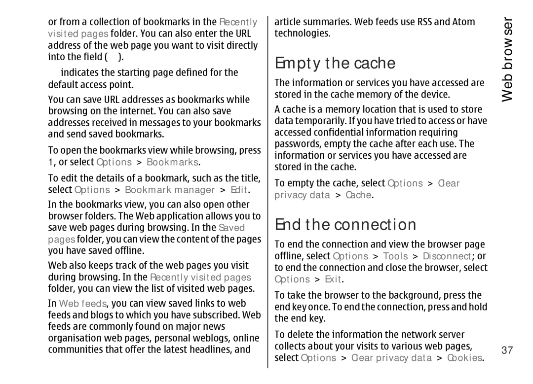 Nokia 002F4W8 manual Empty the cache, End the connection, Web 