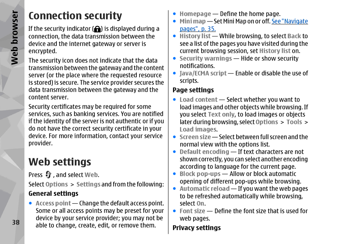 Nokia 002F4W8 manual Connection security, Web settings, General settings, Settings, Privacy settings 