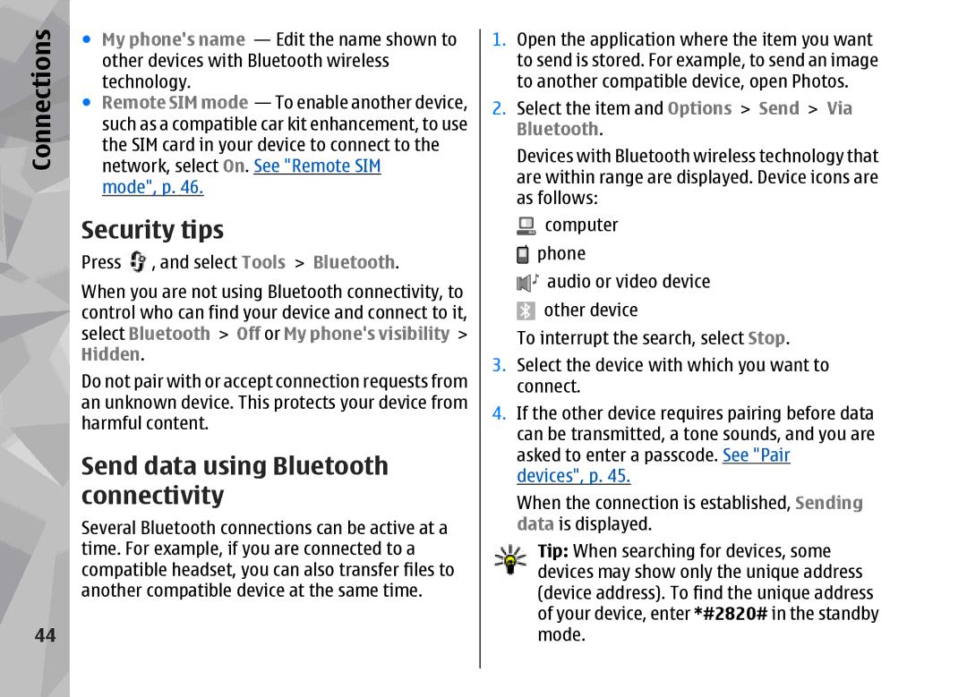 Nokia 002F4W8 manual Security tips, Send data using Bluetooth connectivity 