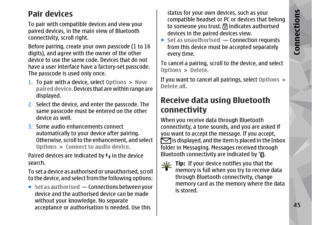 Nokia 002F4W8 manual Pair devices, Receive data using Bluetooth connectivity 