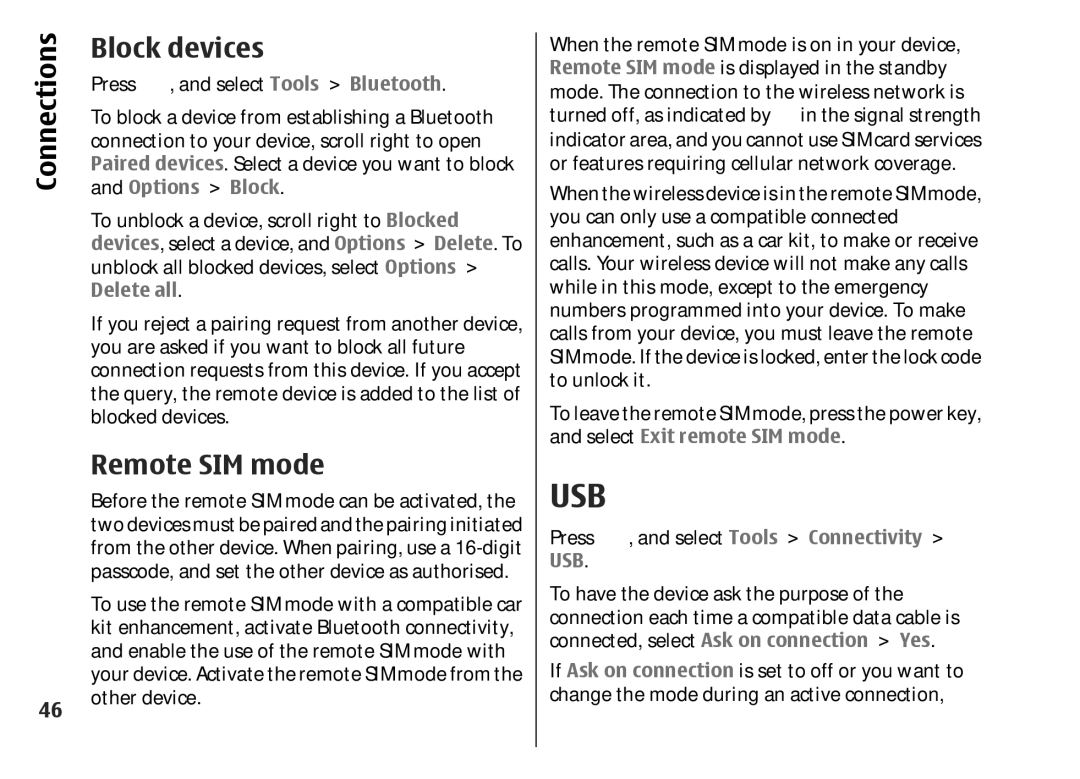 Nokia 002F4W8 manual Block devices, Remote SIM mode, Select Tools Connectivity 