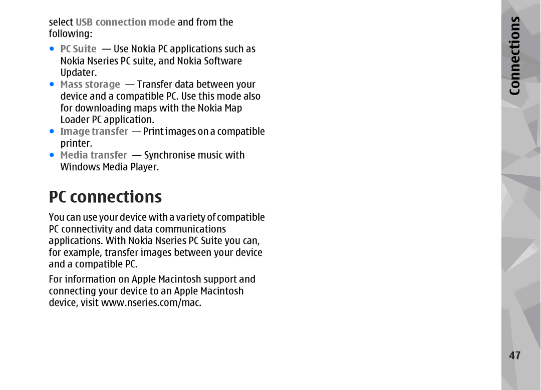 Nokia 002F4W8 manual PC connections, Select USB connection mode and from the following 