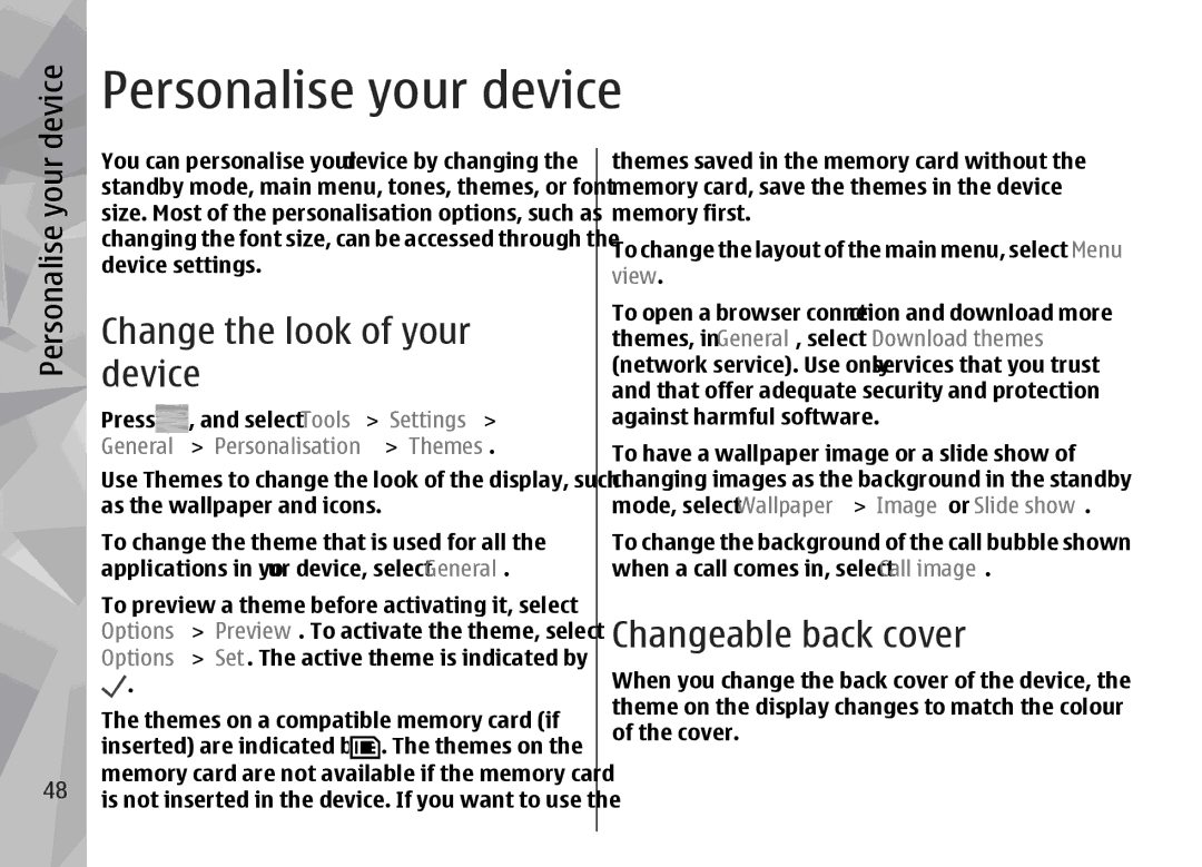 Nokia 002F4W8 manual Personalise your device, Change the look of your, Device, Changeable back cover 