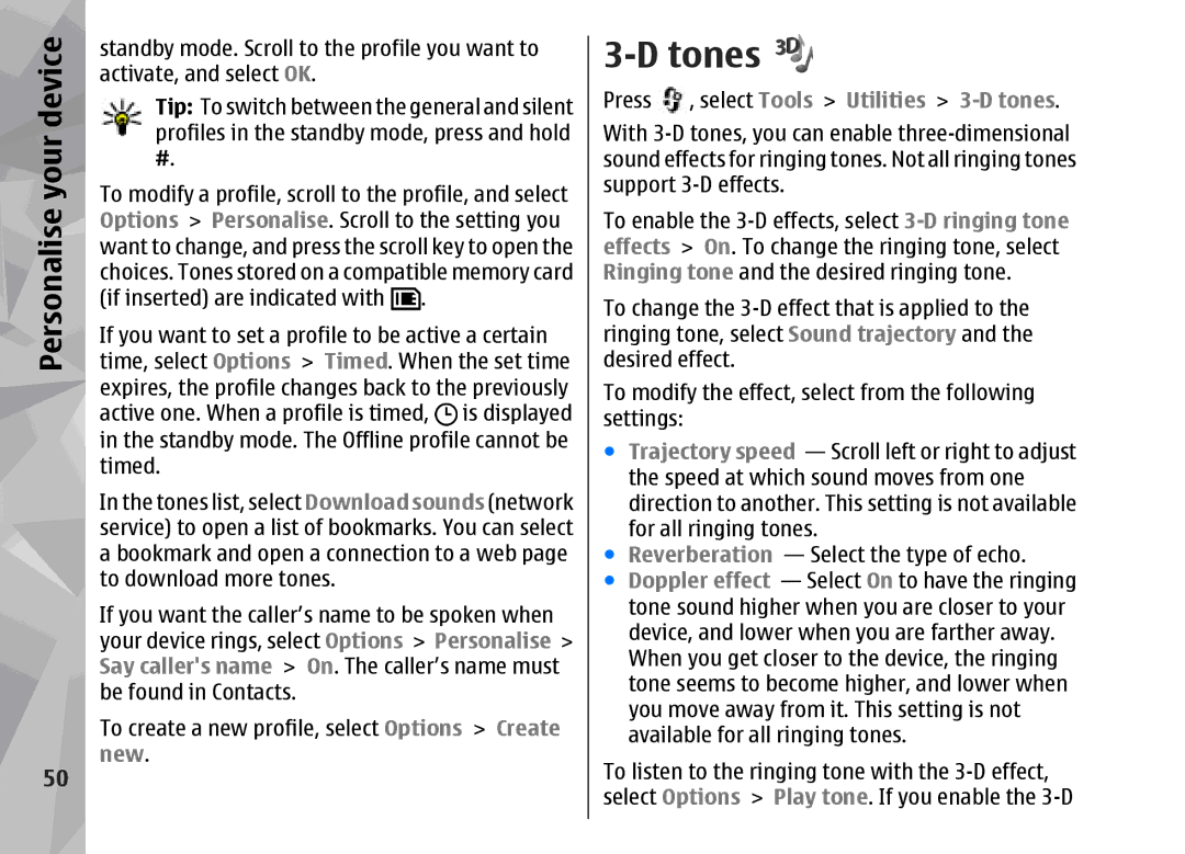 Nokia 002F4W8 manual Tones, Personalise your device, Press , select Tools Utilities 3-D tones 