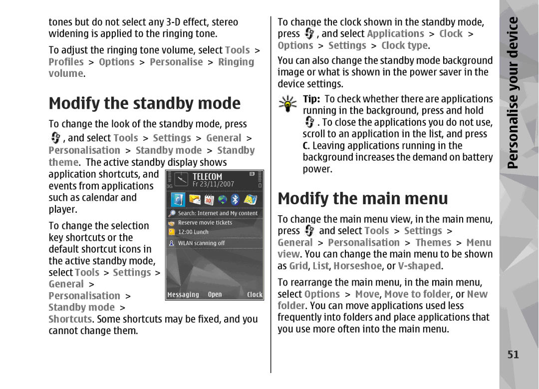 Nokia 002F4W8 manual Modify the standby mode, Modify the main menu, Select Applications Clock Options Settings Clock type 