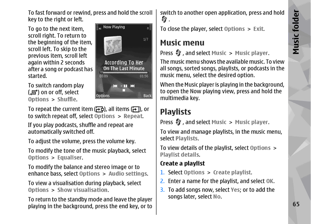 Nokia 002F4W8 manual Music menu, Playlists, Music folder, Create a playlist 