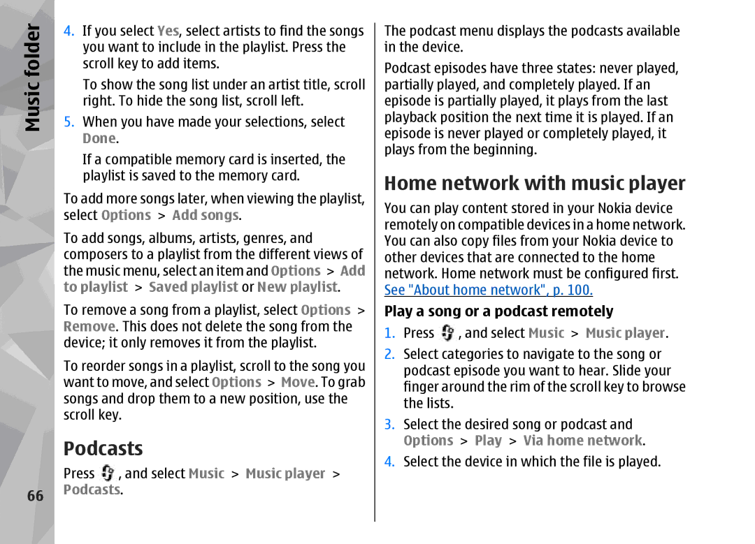 Nokia 002F4W8 manual Music, Podcasts, Home network with music player, Play a song or a podcast remotely 