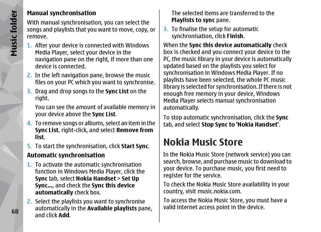 Nokia 002F4W8 manual Nokia Music Store, Manual synchronisation, Automatic synchronisation 