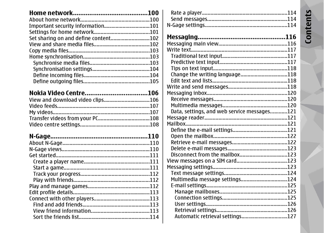 Nokia 002F4W8 manual Home network 100, Nokia Video Centre 106, Gage 110, Messaging 116 