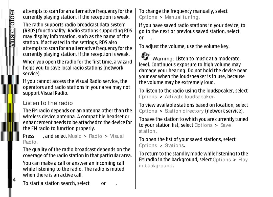 Nokia 002F4W8 manual Listen to the radio, Select Music Radio Visual 