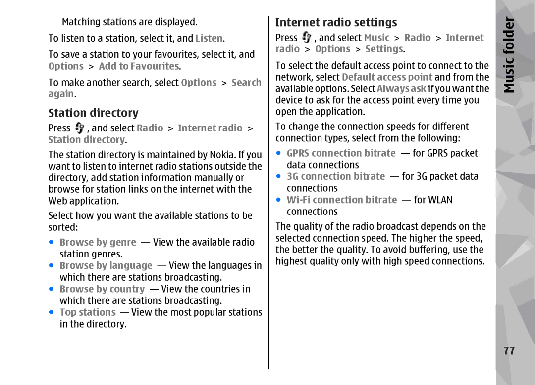 Nokia 002F4W8 manual Station directory, Internet radio settings, Radio Options Settings 