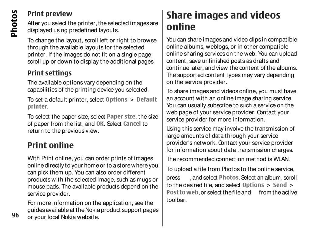 Nokia 002F4W8 manual Share images and videos online, Print online, Print preview, Print settings 