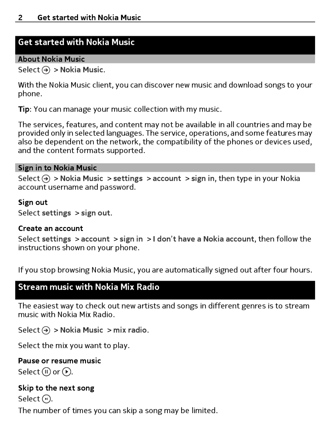 Nokia 1 manual Get started with Nokia Music, Stream music with Nokia Mix Radio, Select settings sign out 