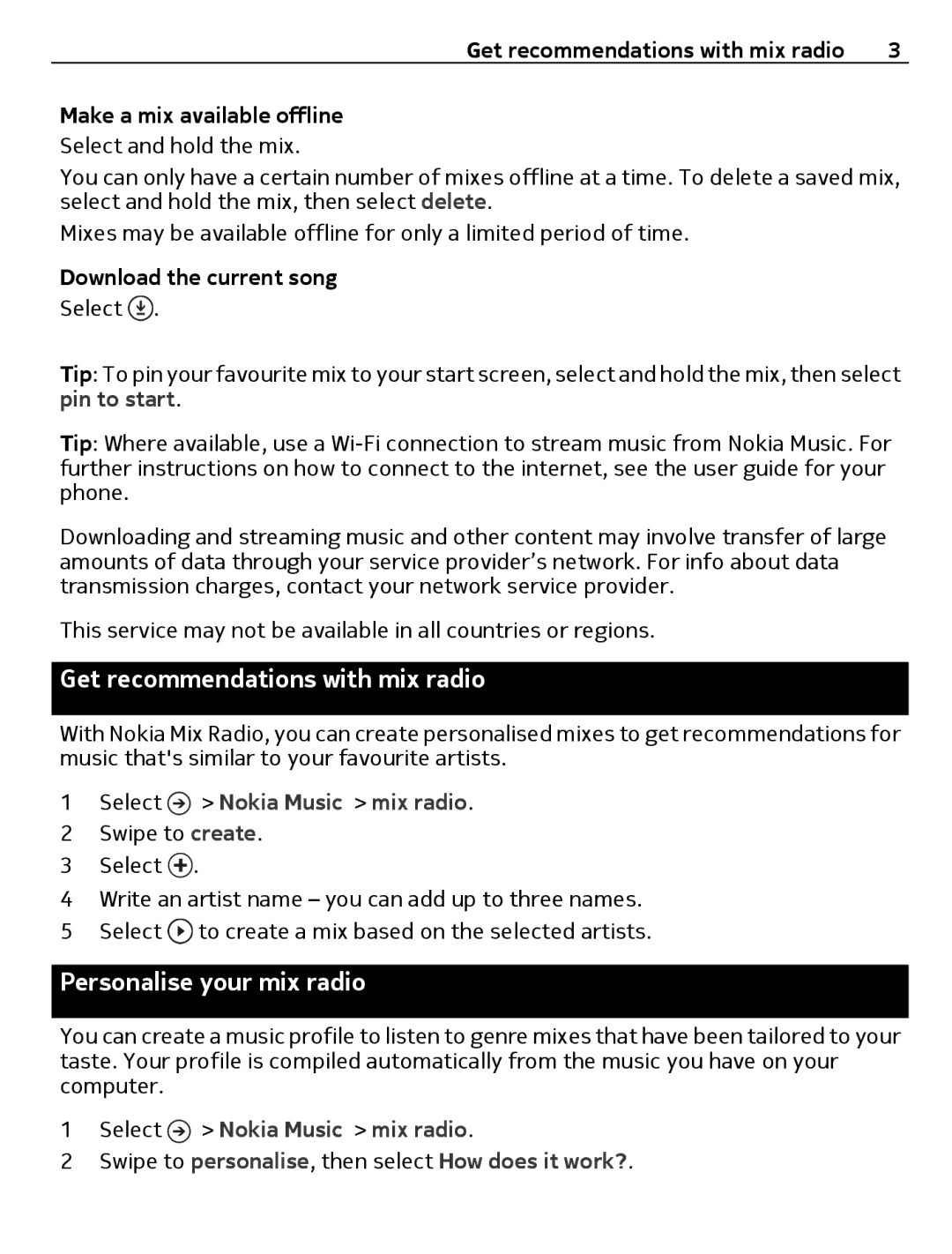 Nokia 1 manual Get recommendations with mix radio, Personalise your mix radio, Make a mix available offline 