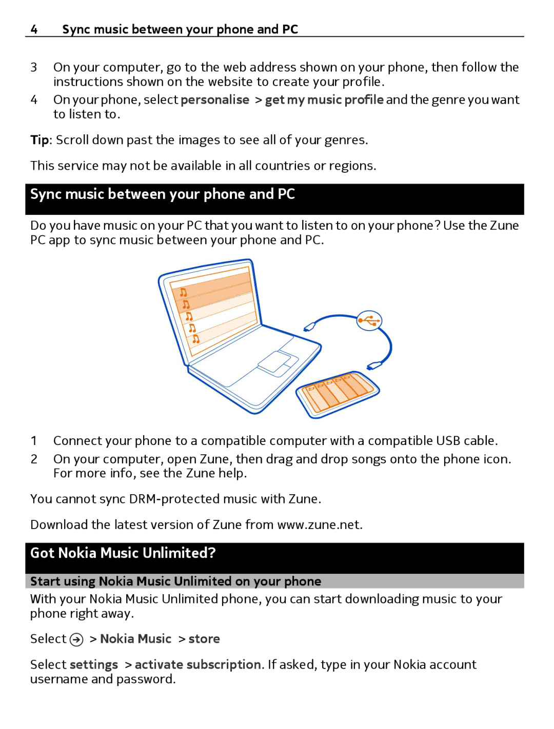 Nokia 1 Sync music between your phone and PC, Got Nokia Music Unlimited?, Start using Nokia Music Unlimited on your phone 