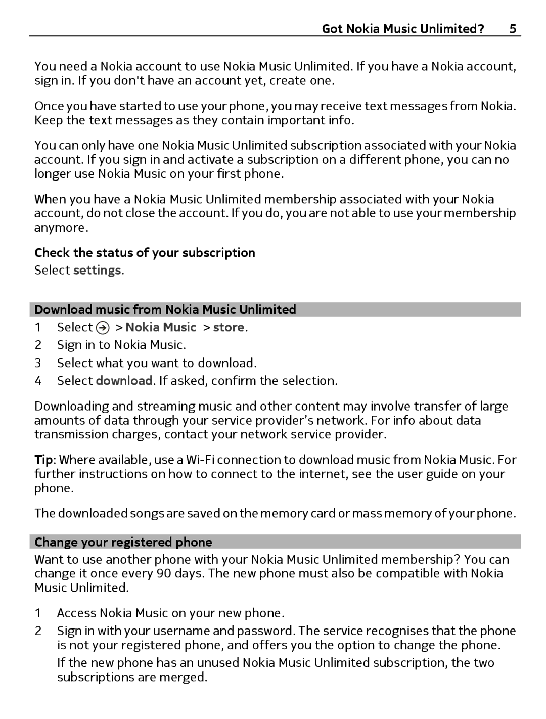 Nokia 1 Check the status of your subscription, Download music from Nokia Music Unlimited, Change your registered phone 