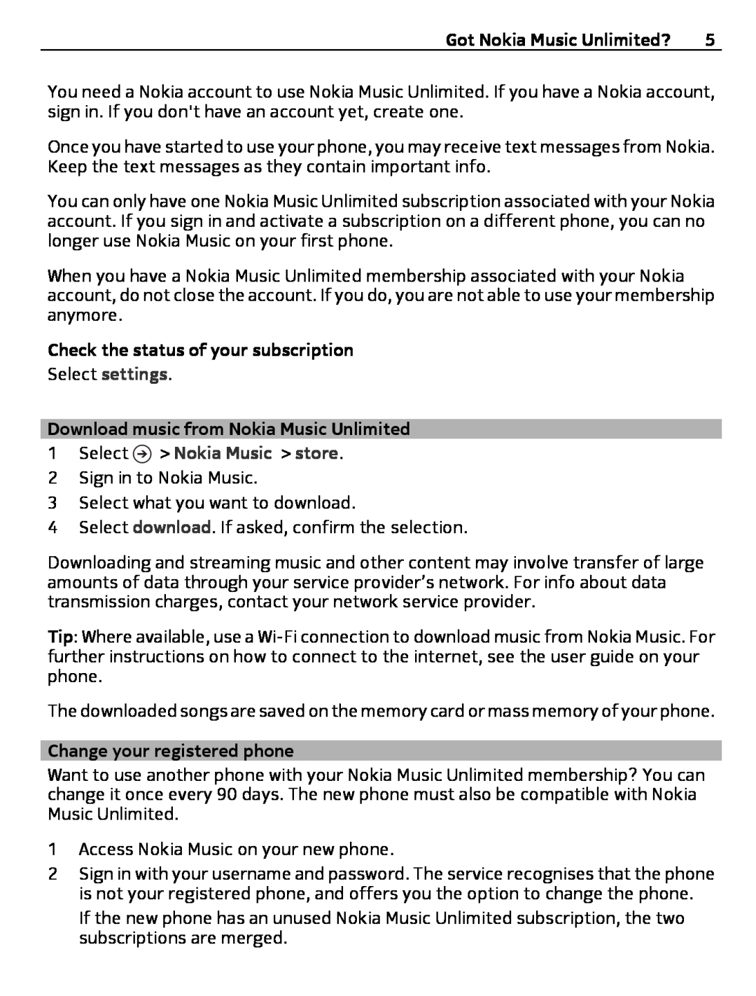 Nokia 1 manual Check the status of your subscription, Download music from Nokia Music Unlimited, Select Nokia Music store 