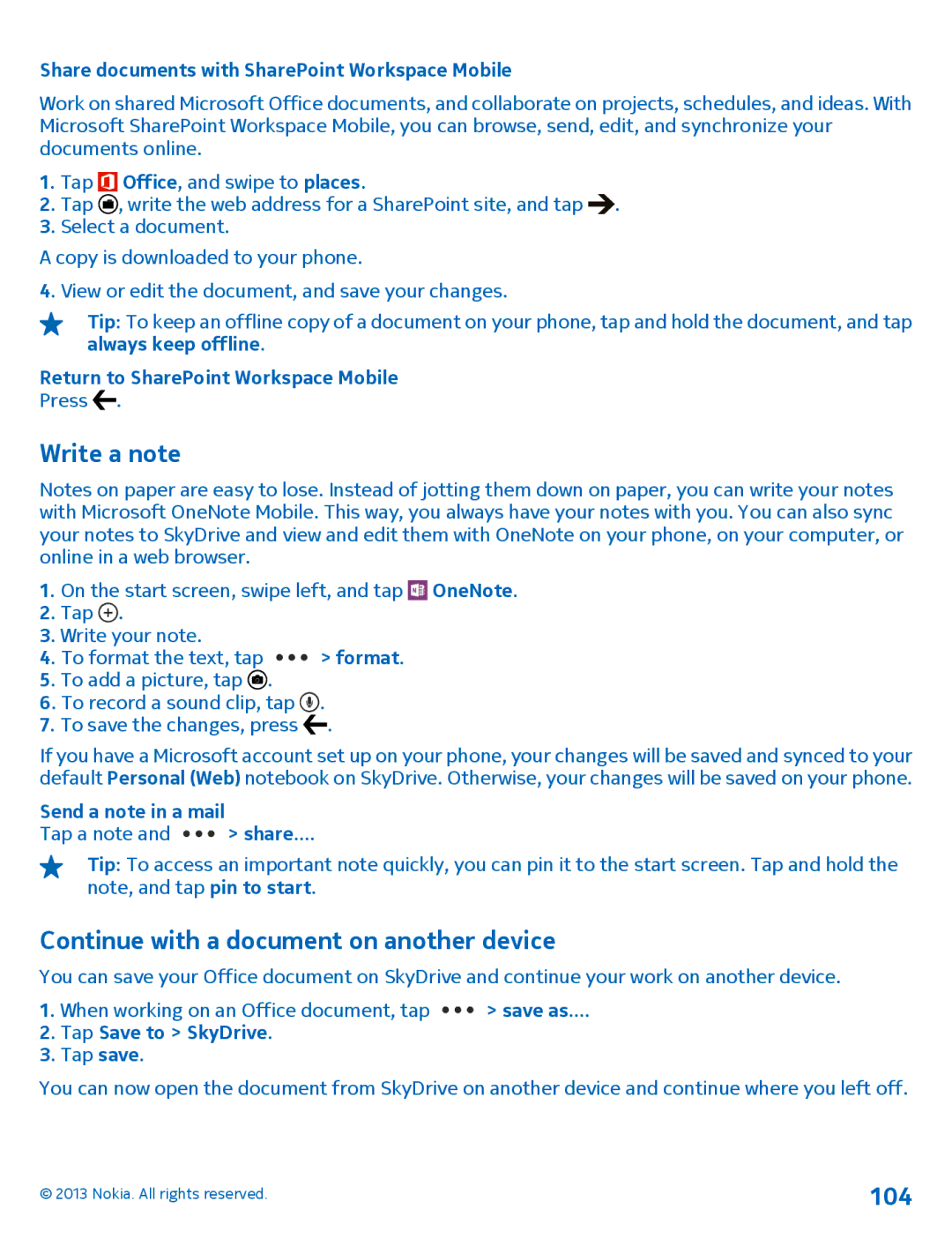 Nokia 1020 manual Write a note, Continue with a document on another device, 104 