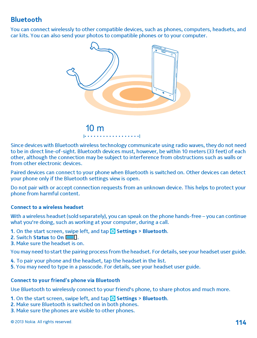 Nokia 1020 manual 114, Connect to a wireless headset, Connect to your friend’s phone via Bluetooth 