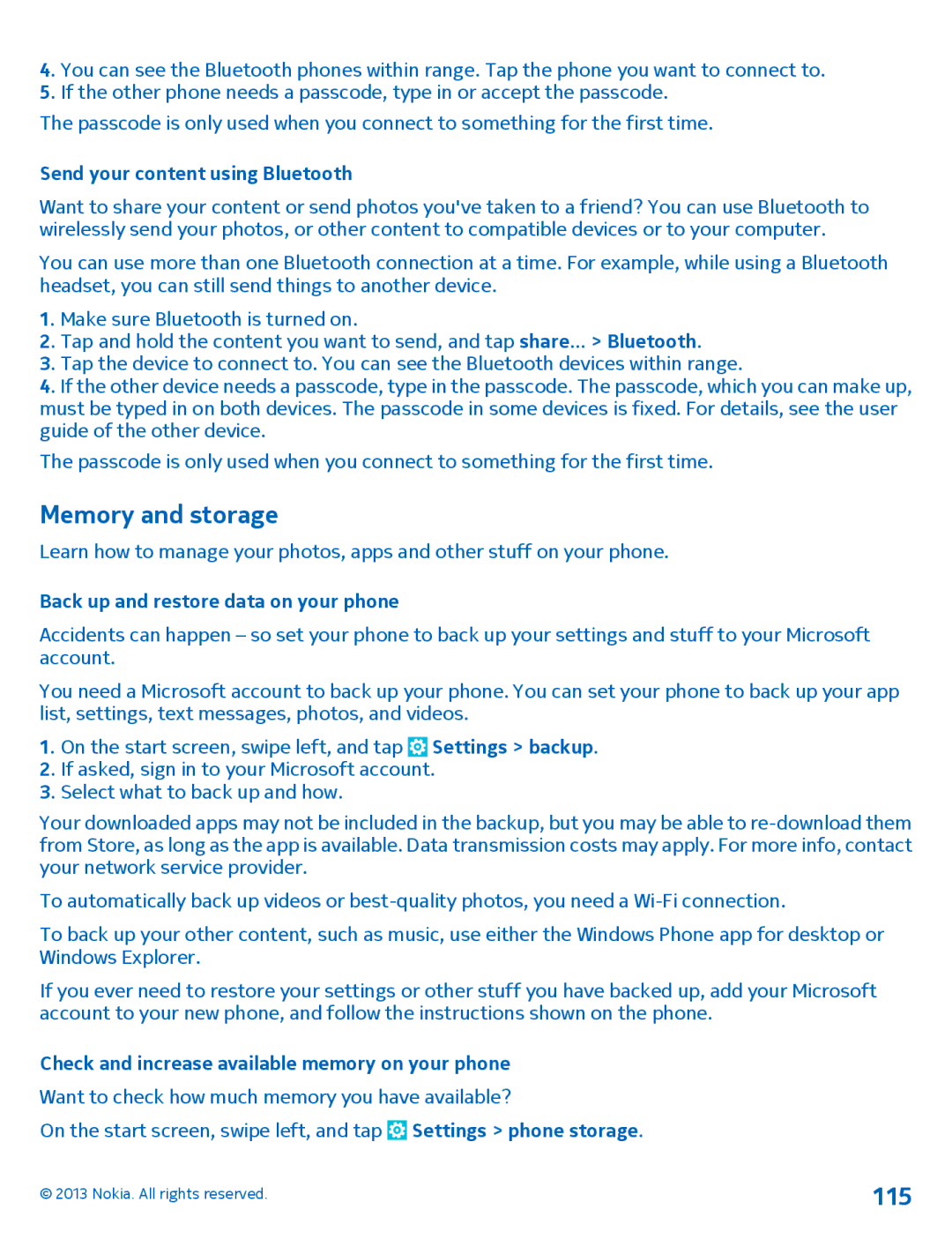 Nokia 1020 manual Memory and storage, 115, Send your content using Bluetooth, Back up and restore data on your phone 