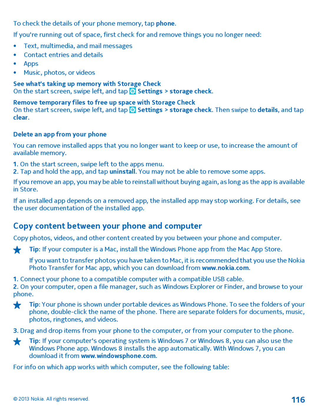 Nokia 1020 manual Copy content between your phone and computer, 116, See whats taking up memory with Storage Check 