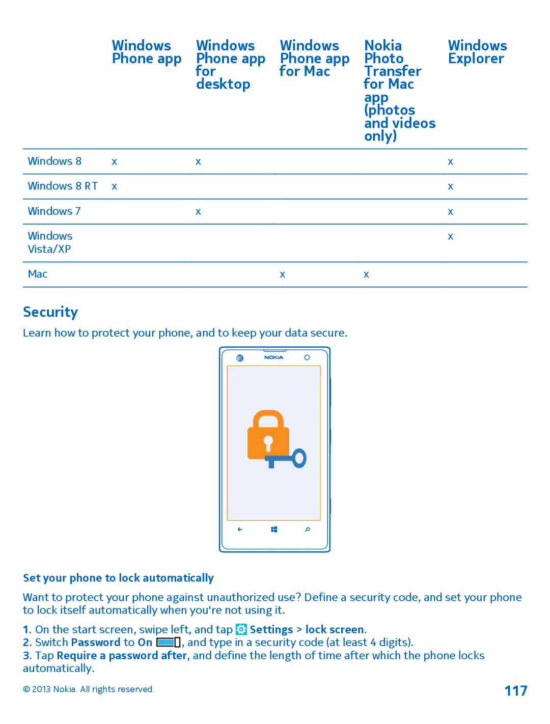 Nokia 1020 manual Security, 117, Windows Windows 8 RT Vista/XP Mac, Set your phone to lock automatically 