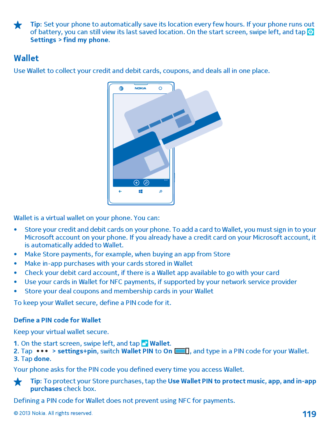 Nokia 1020 manual 119, Define a PIN code for Wallet 