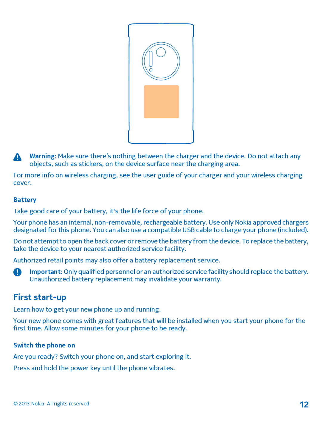 Nokia 1020 manual First start-up, Battery, Switch the phone on 