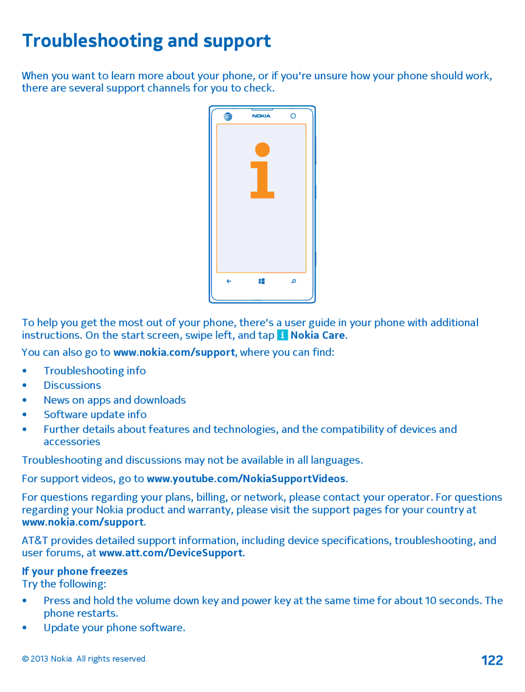 Nokia 1020 manual Troubleshooting and support, 122, If your phone freezes 