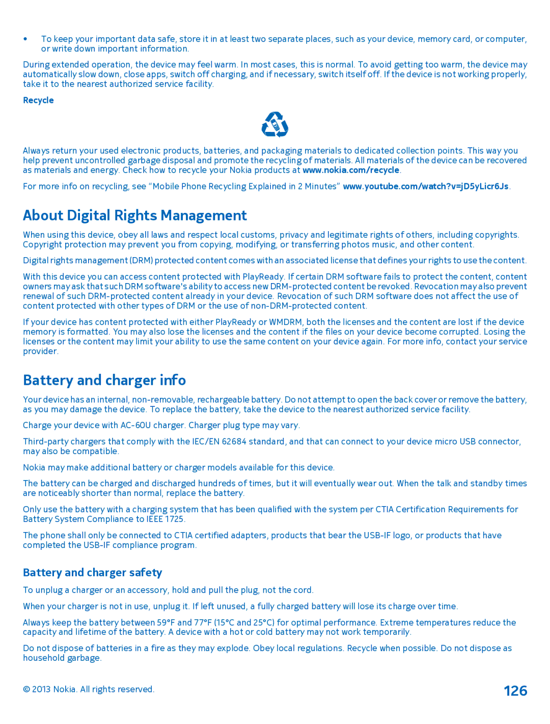 Nokia 1020 manual About Digital Rights Management, Battery and charger info, 126, Battery and charger safety 