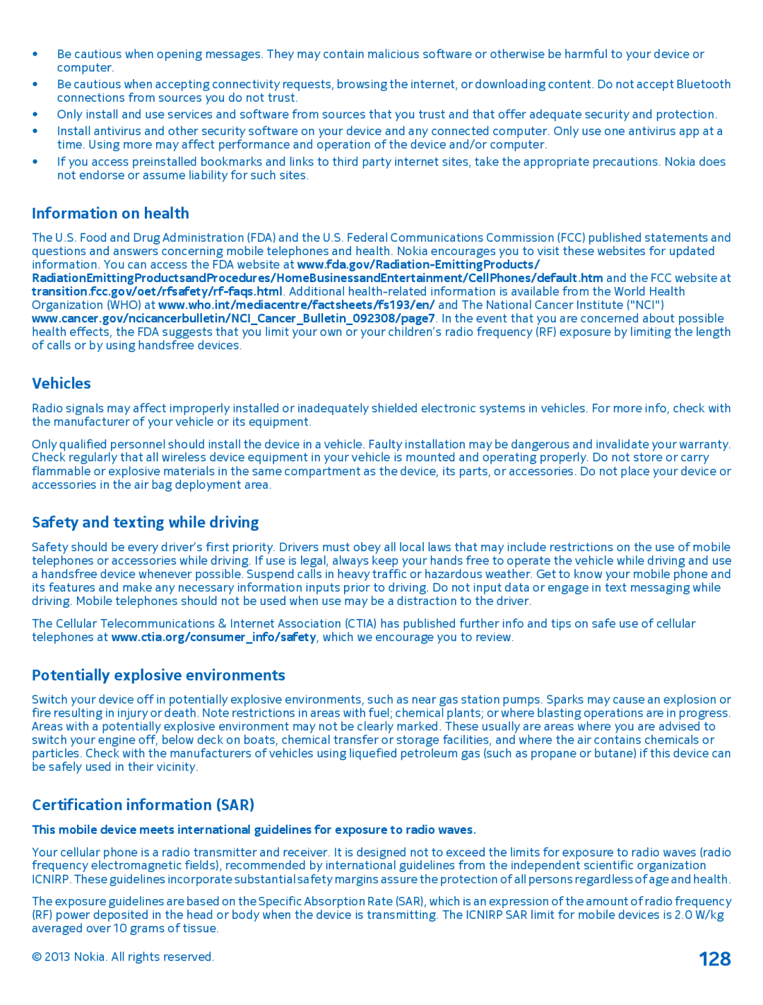 Nokia 1020 manual 128, Information on health Vehicles, Safety and texting while driving, Potentially explosive environments 